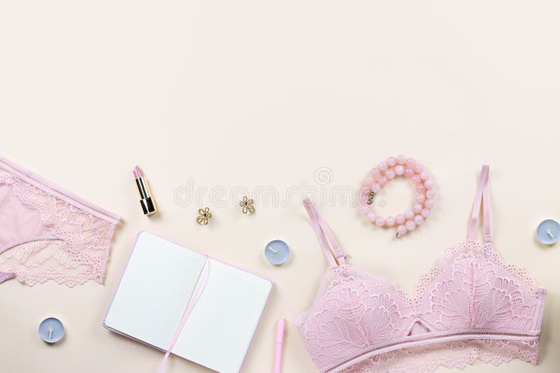 Woman Elegant Pink Lace Bra and Panties, Pumps and Jewelry. Stylish ...