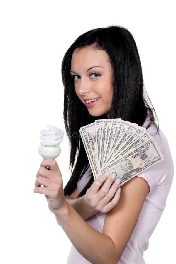 Woman with energy-saving lamp. Energy lamp royalty free stock photo