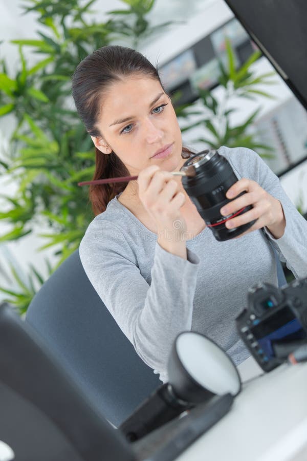 Woman Engineer Repairing Camera Lens Stock Photo Image of electronic