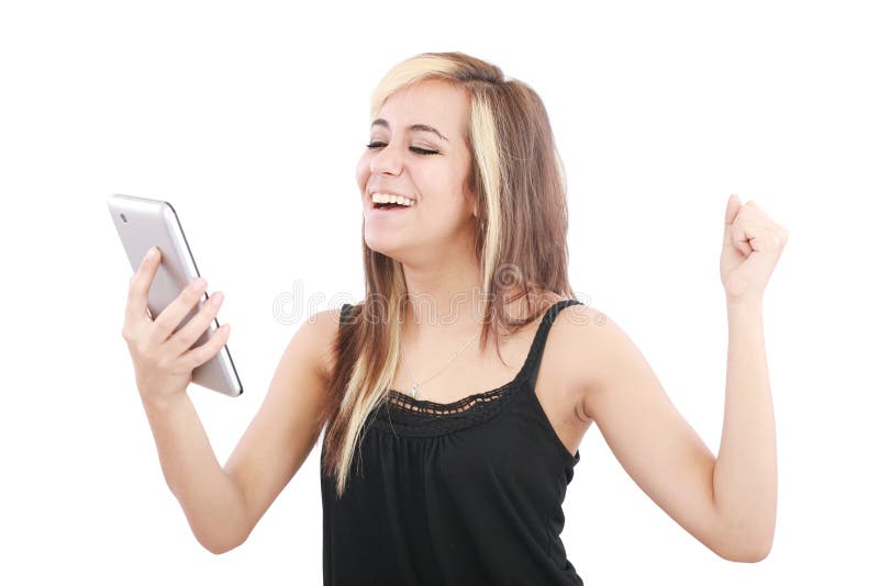 Woman Excited Looking at Touch Pad Stock Image Image of portrait