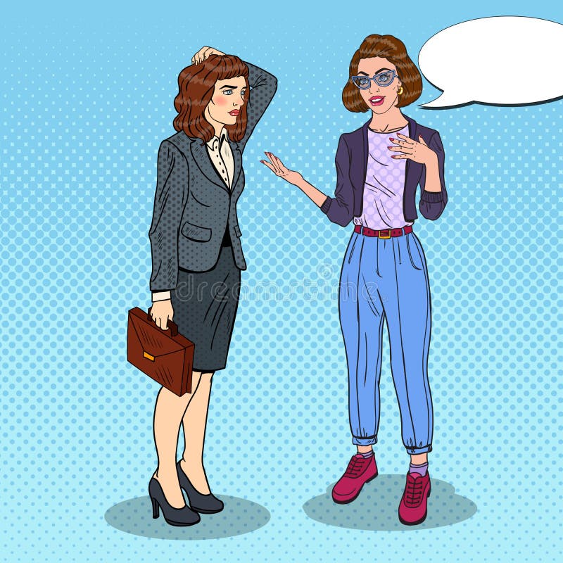 Woman Explaining Something To Thoughtful Businesswoman. Pop Art