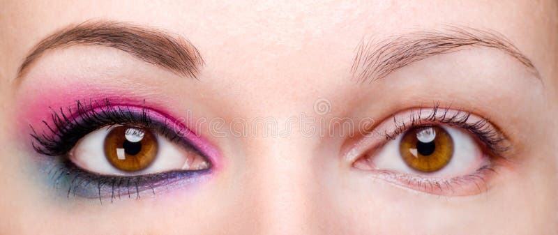 Woman with and without eye makeup