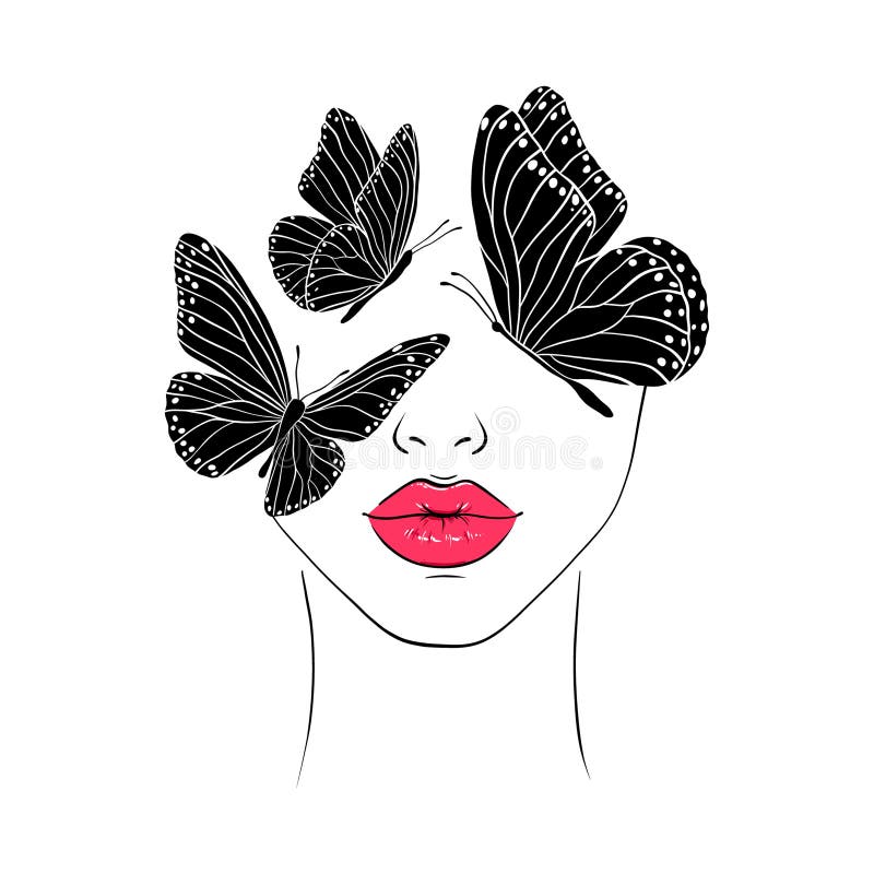 Woman Face and Butterflies. Stock Vector - Illustration of sketch ...