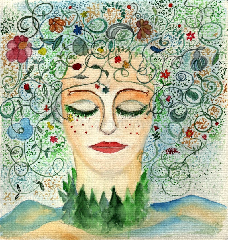 Mother Earth Woman Face Watercolor Drawing Stock Image - Image of