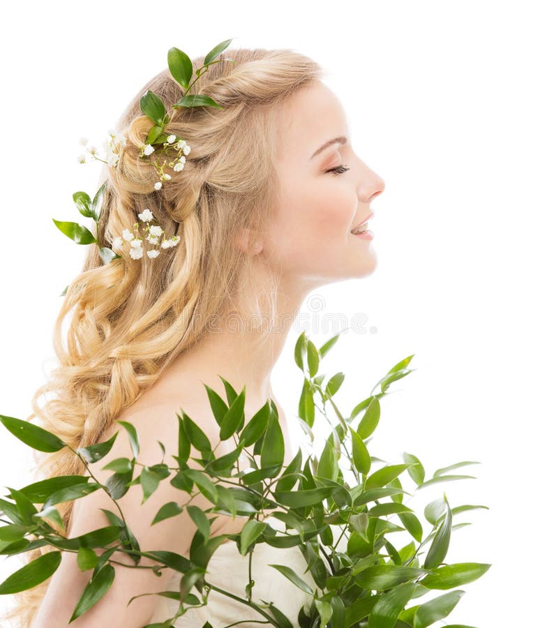 Woman Face Hair Treatment, Fresh Leaves in Hairstyle, Young Smiling Model Beauty Portrait Profile Side View on White