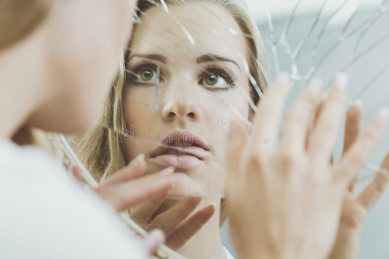 Woman Face Reflected in Mirror Stock Image Image of problems