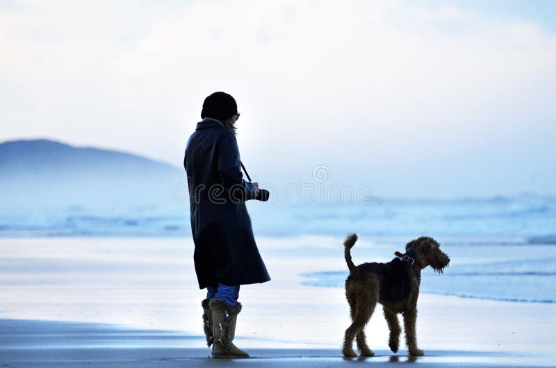 Woman and faithful friend dog alone on stunning beach watching ocean stock photography Woman and faithful friend dog alone on stunning beach watching ocean stock photography