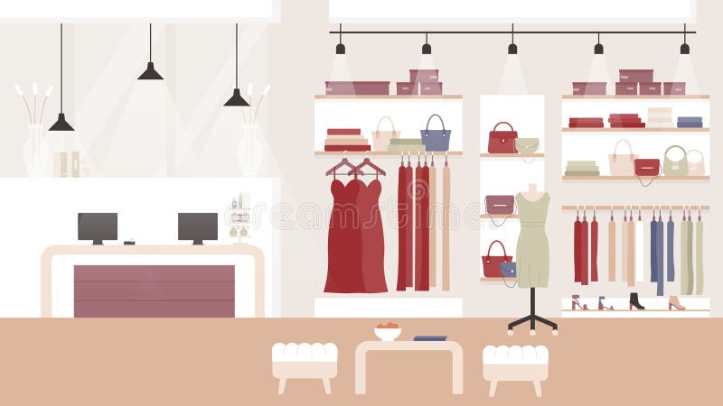 Woman Fashion Clothing Shop Boutique Vector Illustration, Cartoon Flat  Empty Clothes Shopping Mall or Store Room Stock Vector - Illustration of  commercial, background: 192864792