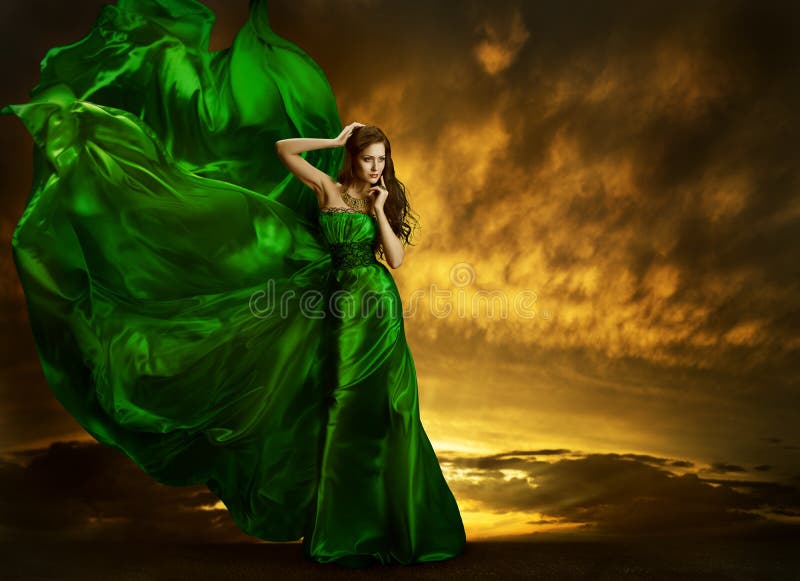 Woman Fashion Dress Fluttering Wind, Green Silk Gown Fabric