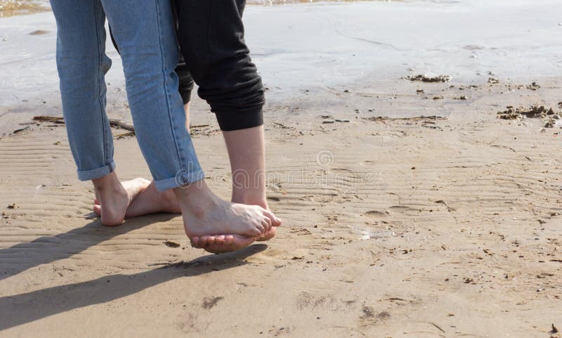 Woman Feet Standing On Man Feet On The Sand Beach Barefoot Stock Image Image Of Shoes Respect