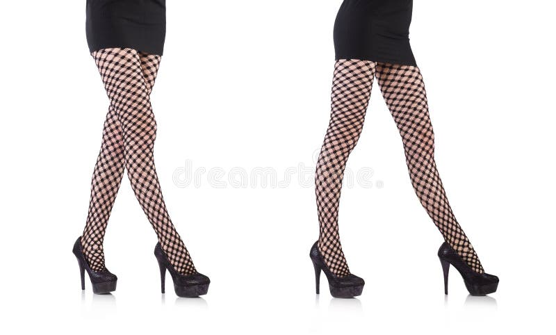 Woman in Fishnet Stockings Isolated on White Stock Photo - Image