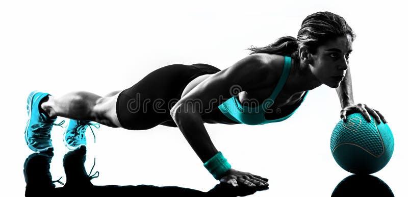 woman fitness medicine ball exercises silhouette one caucasian exercising in studio isolated on white background