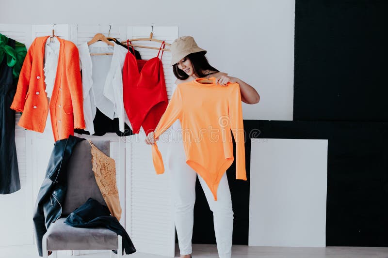 Woman in the Fitting Room Wardrobe Fitting Clothes Stock Photo Image