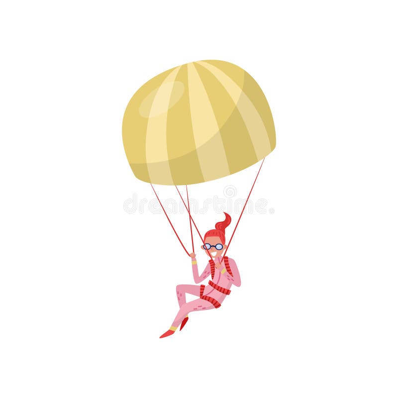 Woman flying with parachute. Extreme hobby. Young girl in pink suit and protective goggles. Skydiving theme. Flat vector