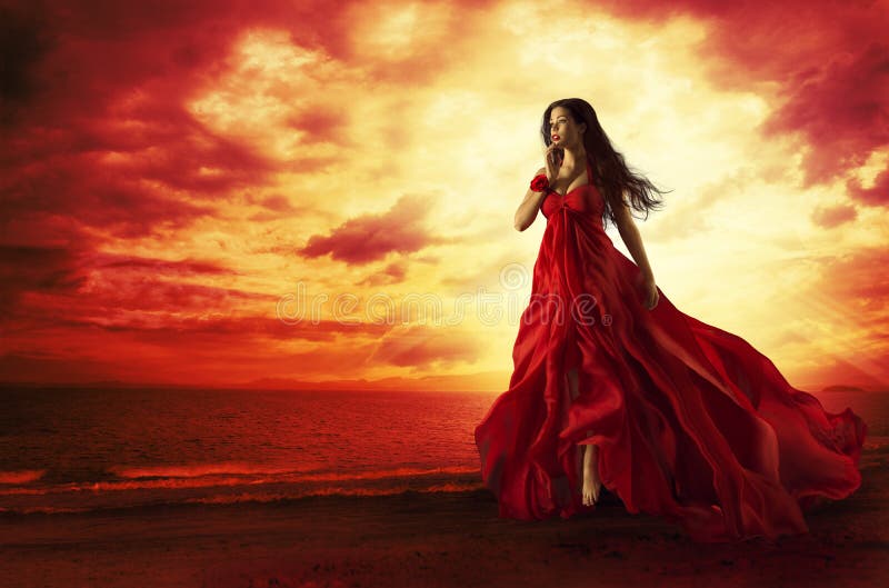 Woman Flying Red Dress, Fashion Model in Evening Gown Levitating Outdoors, Sunset