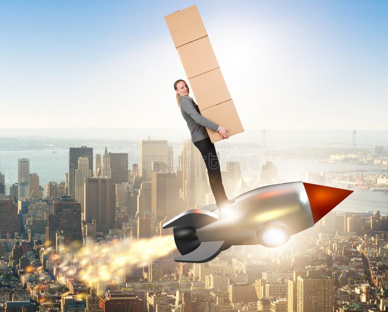 Woman flying rocket and delivering boxes stock photo Woman flying rocket and delivering boxes stock photo