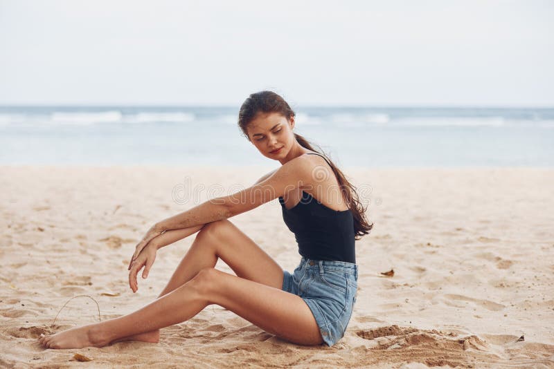 Woman Freedom Sand Nature Travel Smile Sea Vacation Person Beach Sitting Stock Image Image Of