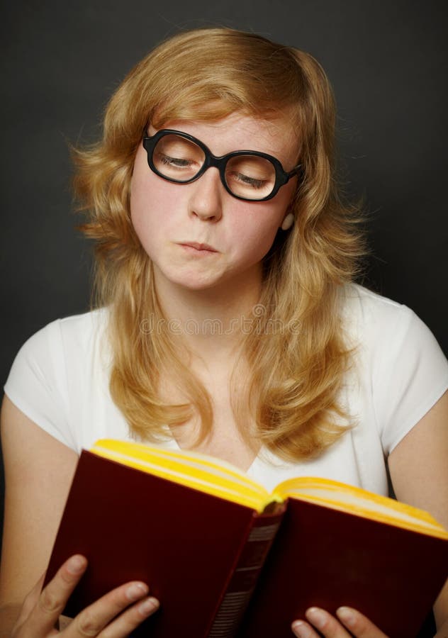 Woman in Funny Oldfashioned Glasses Reading Book Stock Photo Image
