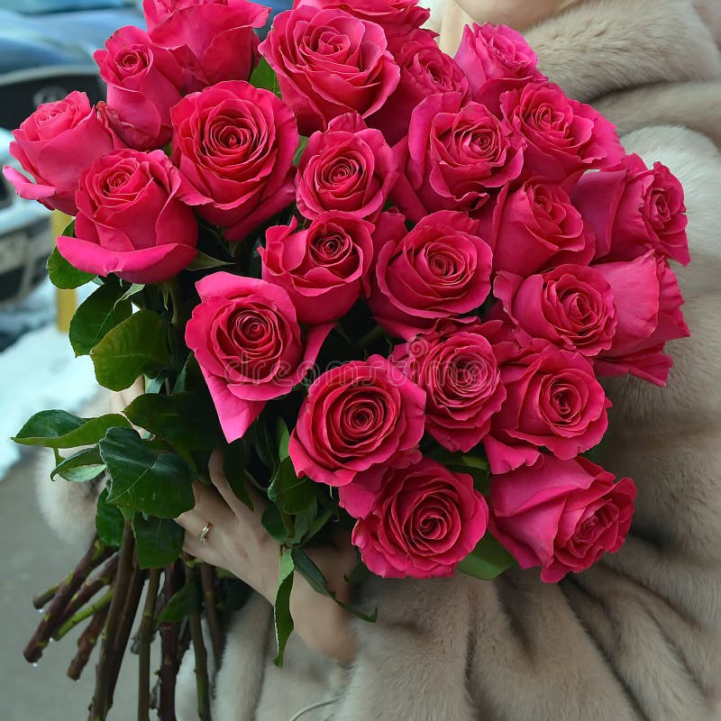 The woman in a fur coat with a huge bouquet of roses. royalty free stock photography The woman in a fur coat with a huge bouquet of roses. royalty free stock photography
