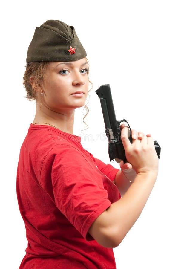 Woman in garrison cap with gun