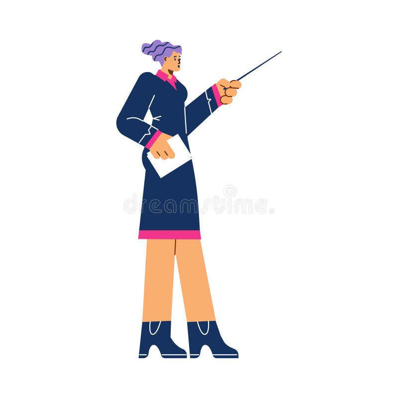 Woman gesturing with pointer at presentation or lecture, flat vector illustration isolated on white background. royalty free illustration