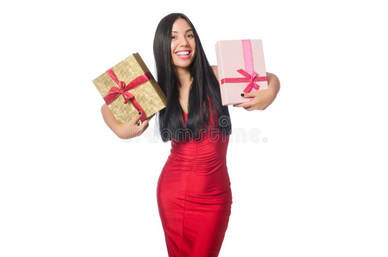 The woman with giftboxes isolated on white