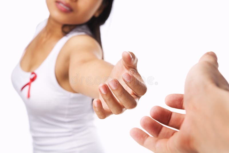 Woman giving hand for AIDS or breast cancer cause