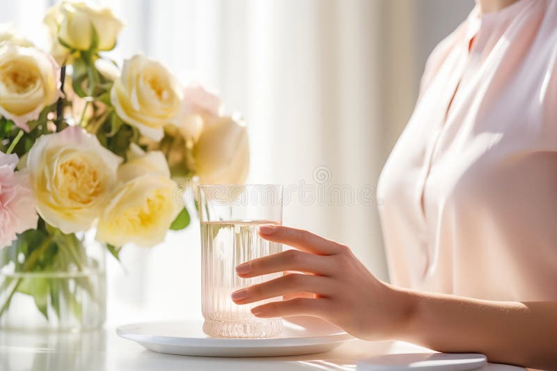 Femeie cu un pahar de apă hidratată, culori de pastel pentru fotografii de închidere, cu grijă de sănătate. ai generativ vector illustration