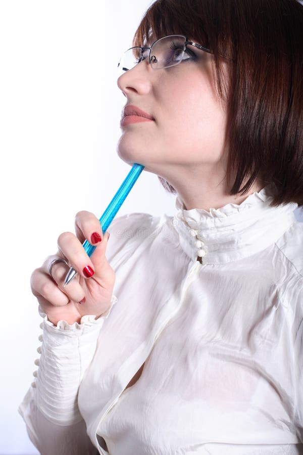 Woman in glasses with blue pen