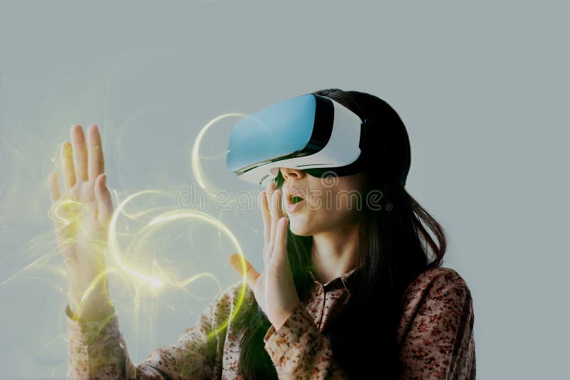 The Woman with Glasses of Virtual Reality. Future Technology Concept