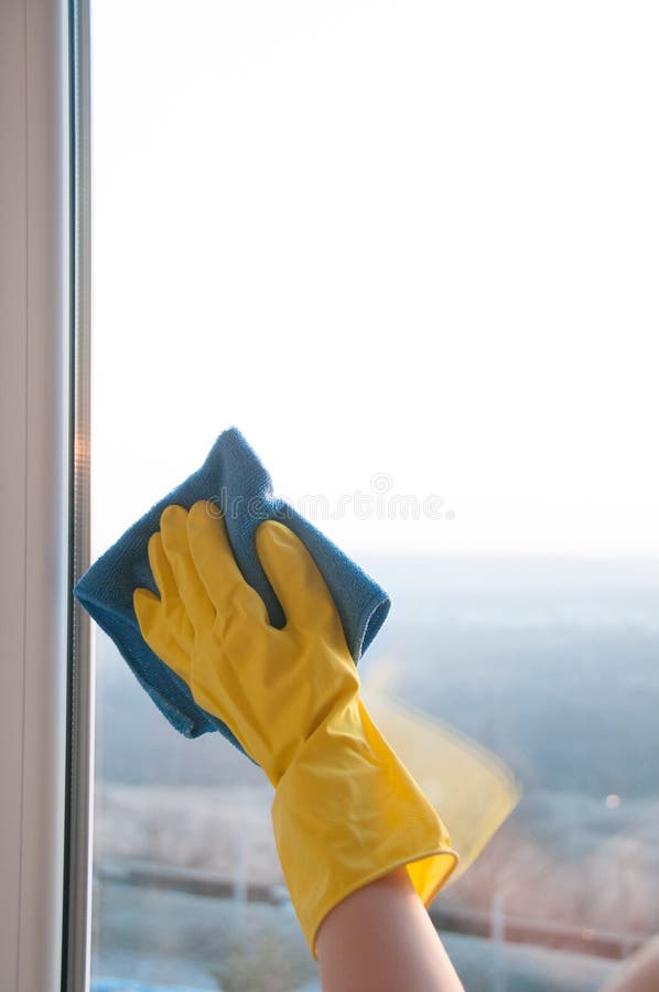 Woman in Gloves Cleaning Window with Rag Stock Photo Image of