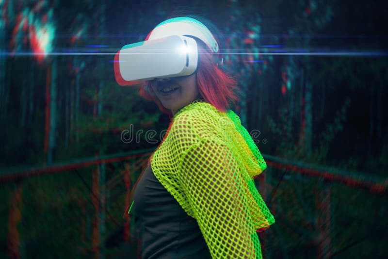 Woman Goes into Virtual Reality Using Virtual Reality Headset. Image