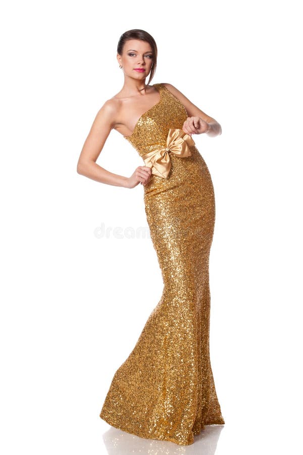 Woman in golden dress stock image ...