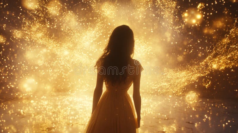Woman in Golden Dress Amidst Sparkling Fireworks royalty free illustration