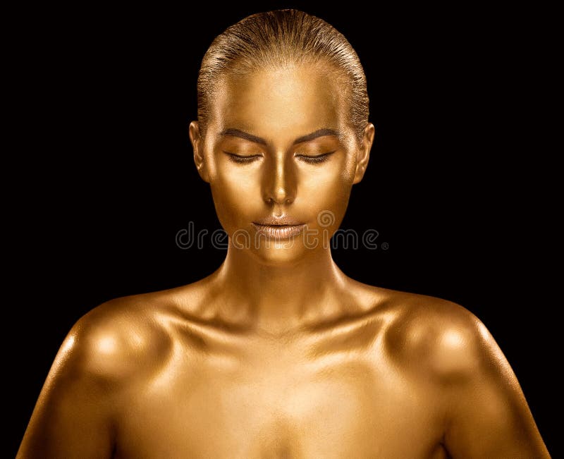 Woman Golden Skin, Fashion Model Painted Gold Body Art, Bronze Beauty Makeup