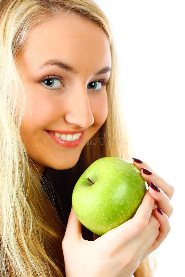 Woman with green apple.