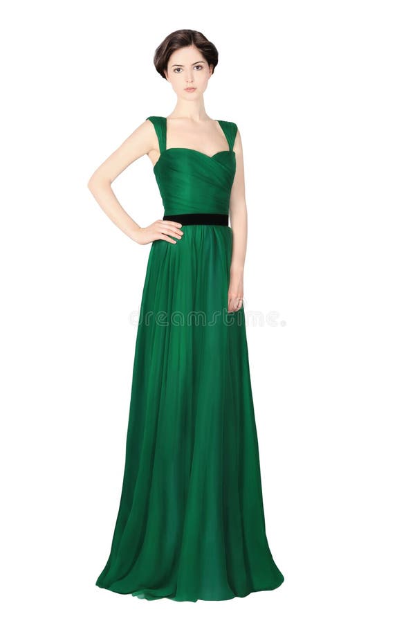 Woman in green evening dress, classic elegance and beauty.
