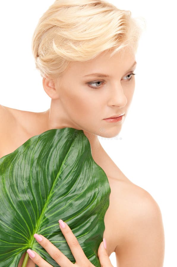 Woman with green leaf stock photo. Image of health, clean 41507476