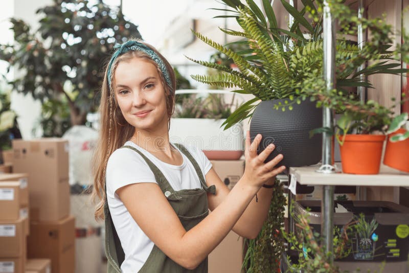 Woman in greenhouse standing fern in pot on rack. royalty free stock photos