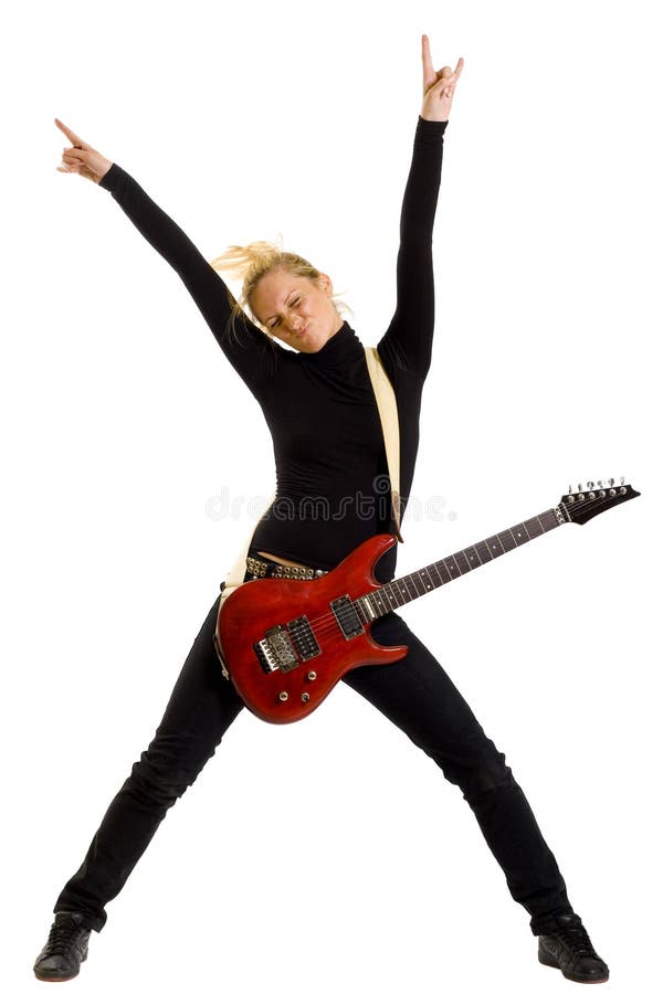 Woman guitarist with hands in the air over white background