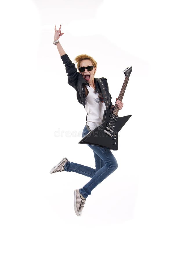 Woman guitarist jumps