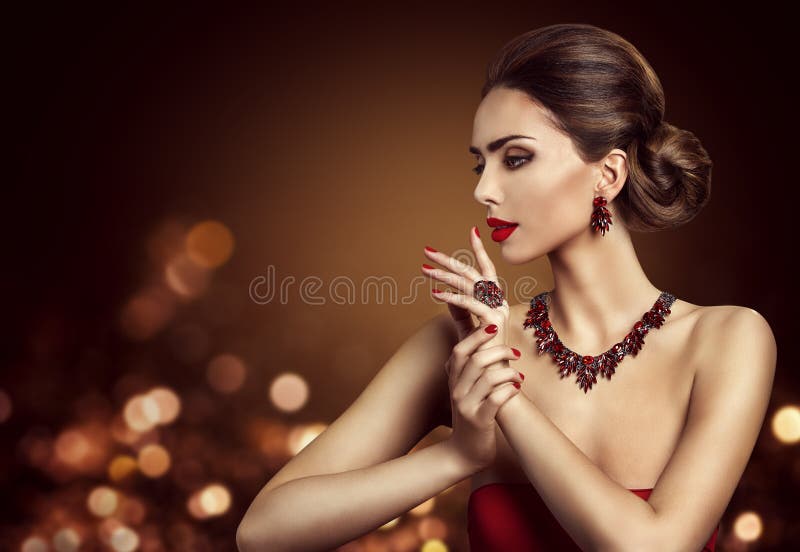 Woman Hair Bun Hairstyle, Fashion Model Beauty Makeup Red Jewelry
