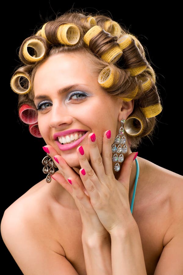 Cheerful Happy Blond Girl Hair Curlers Rollers Hairdresser Beauty Salon