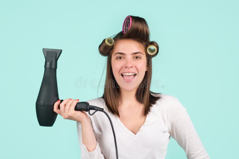 Woman with Hair Dryer. Funny Girl with Straight Hair Drying Hair with ...