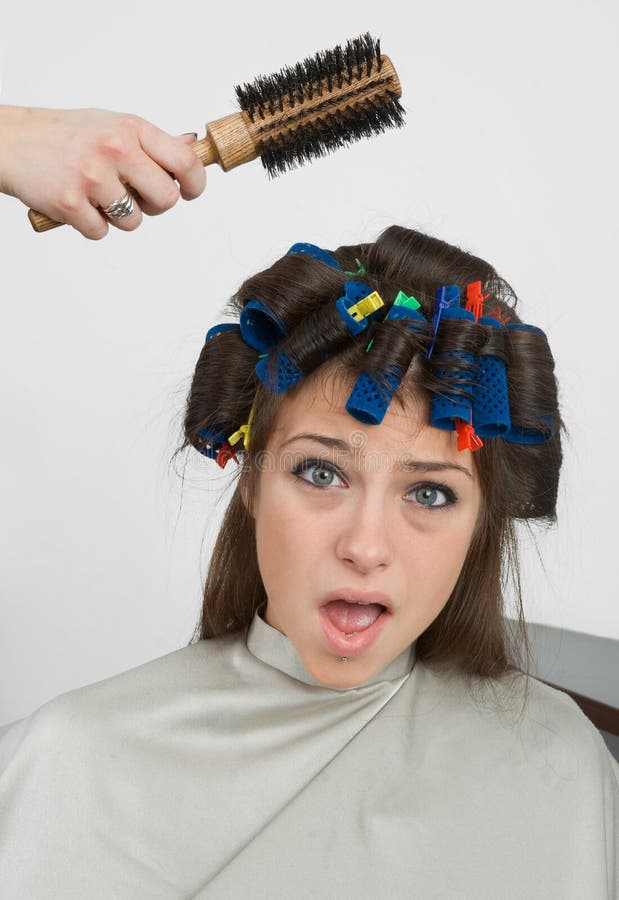 Woman with hair rollers stock photo. Image of barber 11644560