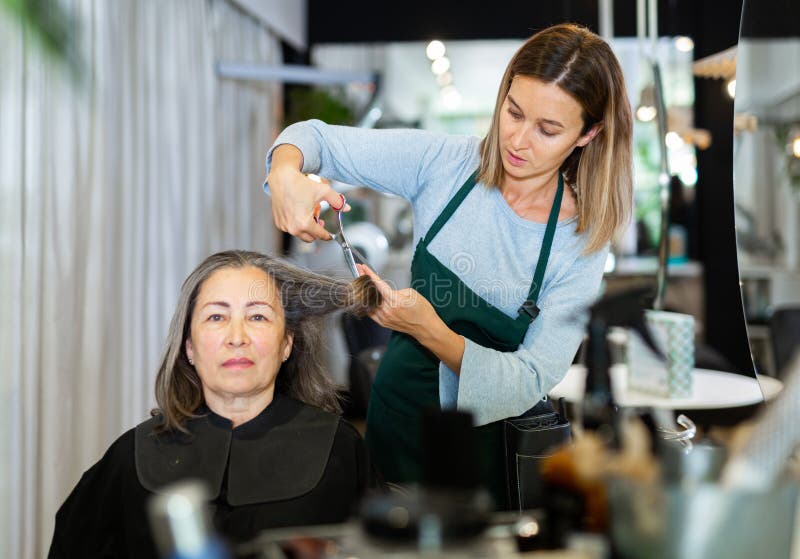 Woman Hair Stylist Making Haircut To Elderly Female Client Stock Photo ...