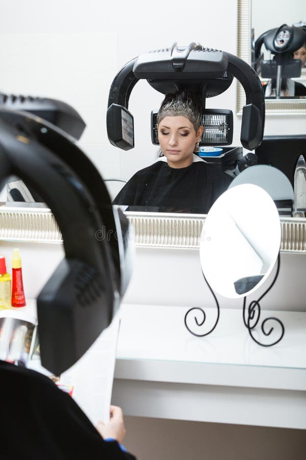 Woman in Hairdresser, Drying Hair Under Machine Stock Image - Image of ...