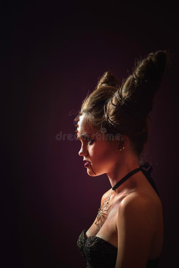 Woman in Halloween Makeup with Hairstyle in Form of Horns, Devil Queen Stock Image Image of