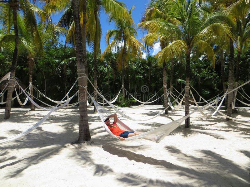 Woman in Hammock in White Sand - Palm Trees - Tropical Beach