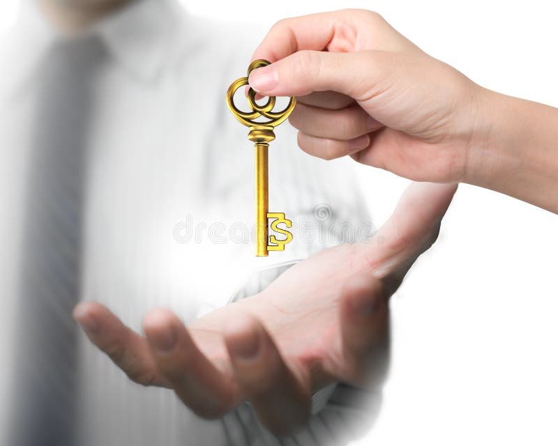 Woman hand giving golden treasure key in dollar sign shape to man hand, on white background. Woman hand giving golden treasure key in dollar sign shape to man hand, on white background.